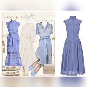 Pamela Love Midi Dress Small Cotton Blue Eyelet Embroidered Button Front